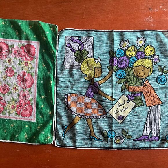 Vintage Handkerchief Set of Two 1950s Hankies Novelty Print Scarves - Picture 2 of 10